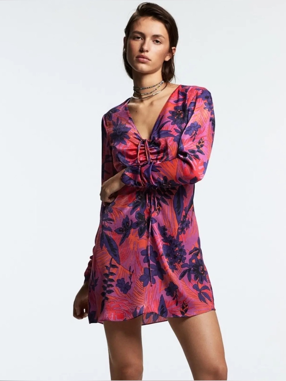 Zara Pink & Purple Floral V-Neck Satin Mini Dress medium